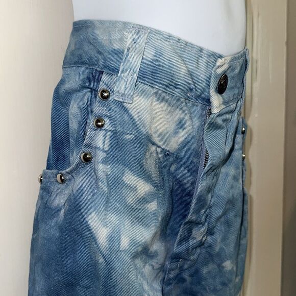 Vintage 70s Mambro Girls Blue Tie-Dye Bell Bottom Cuffed Jeans with Silver Studs - Picture 5 of 10